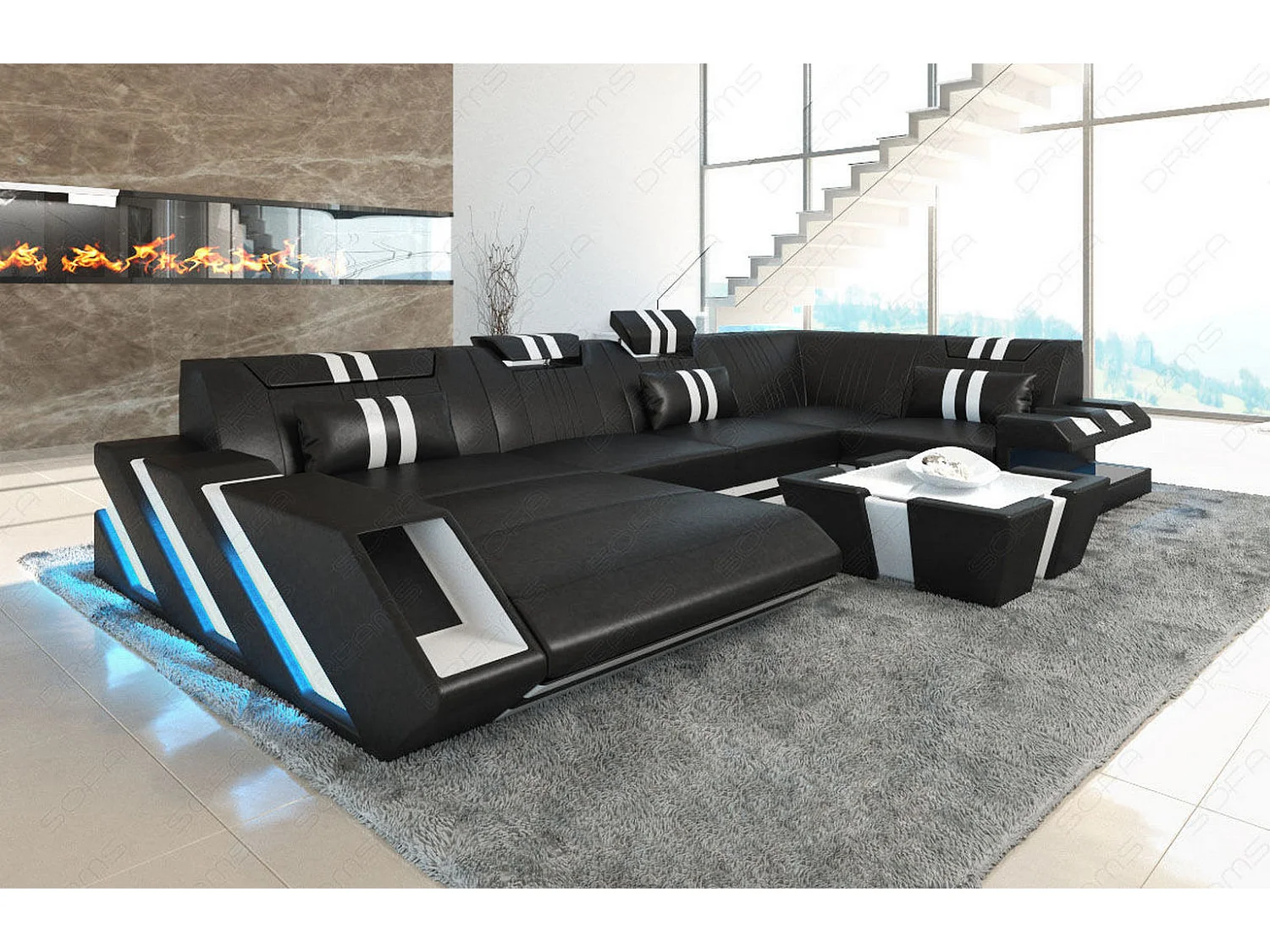 Ledersofa Apollonia U Form EM Schwarz Weiß Links