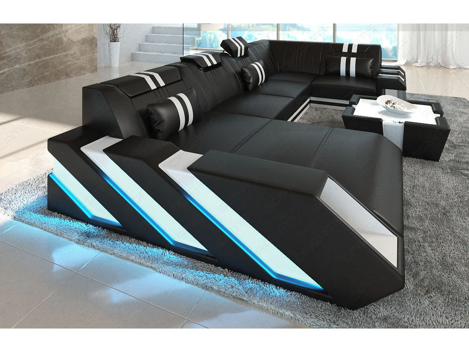 Ledersofa Apollonia U Form EM Schwarz Weiß Links