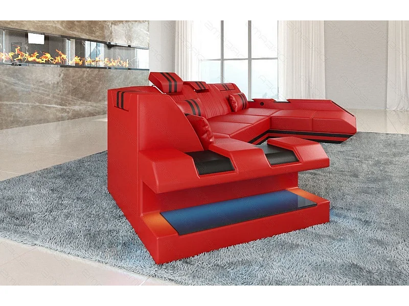 Ledersofa Apollonia C Form Premium Kunstleder Rot Schwarz Rechts