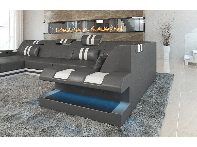 Ledersofa Apollonia U Form EM Grau Weiß Links