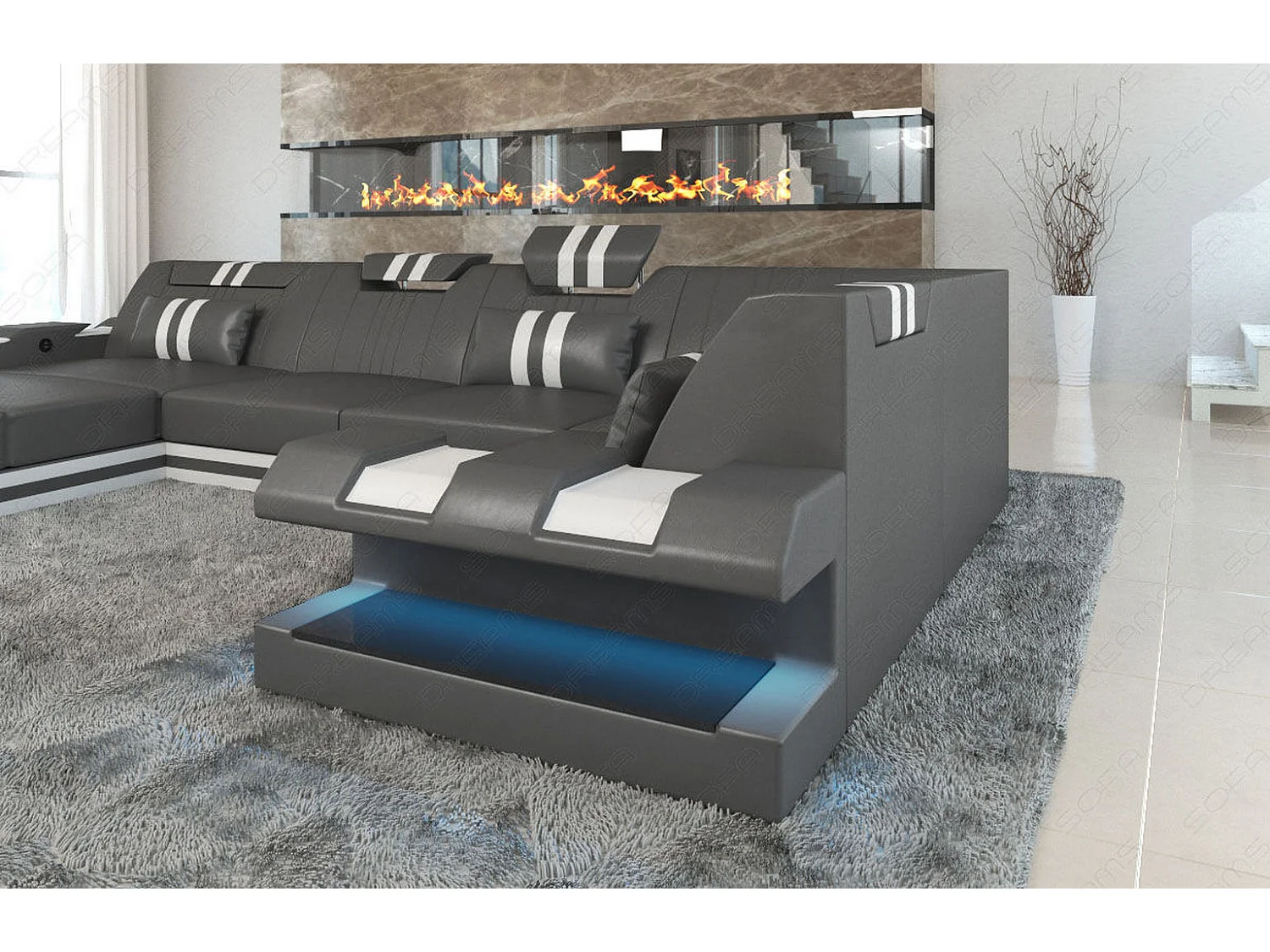 Ledersofa Apollonia U Form EM Grau Weiß Links