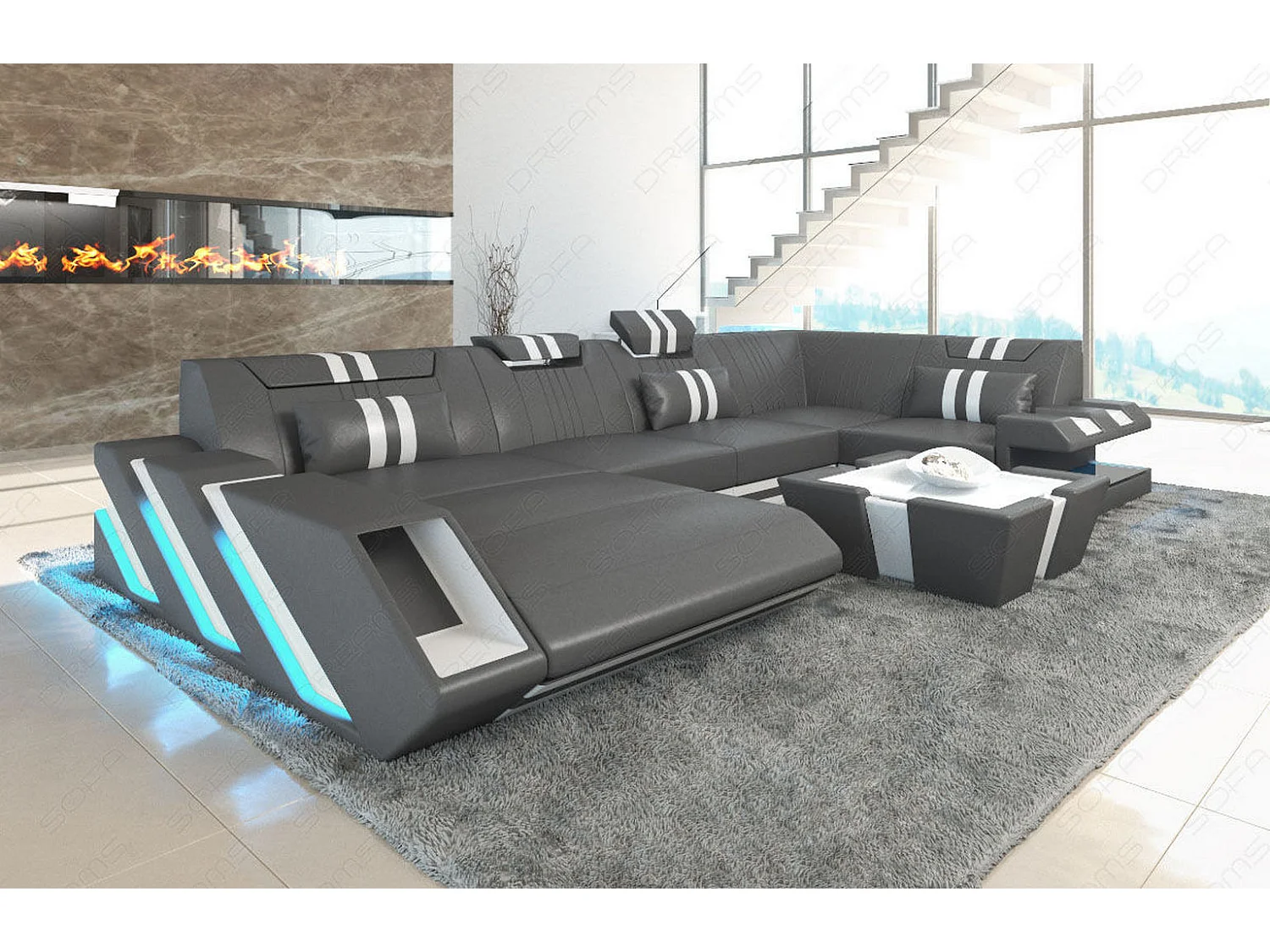 Ledersofa Apollonia U Form EM Grau Weiß Links