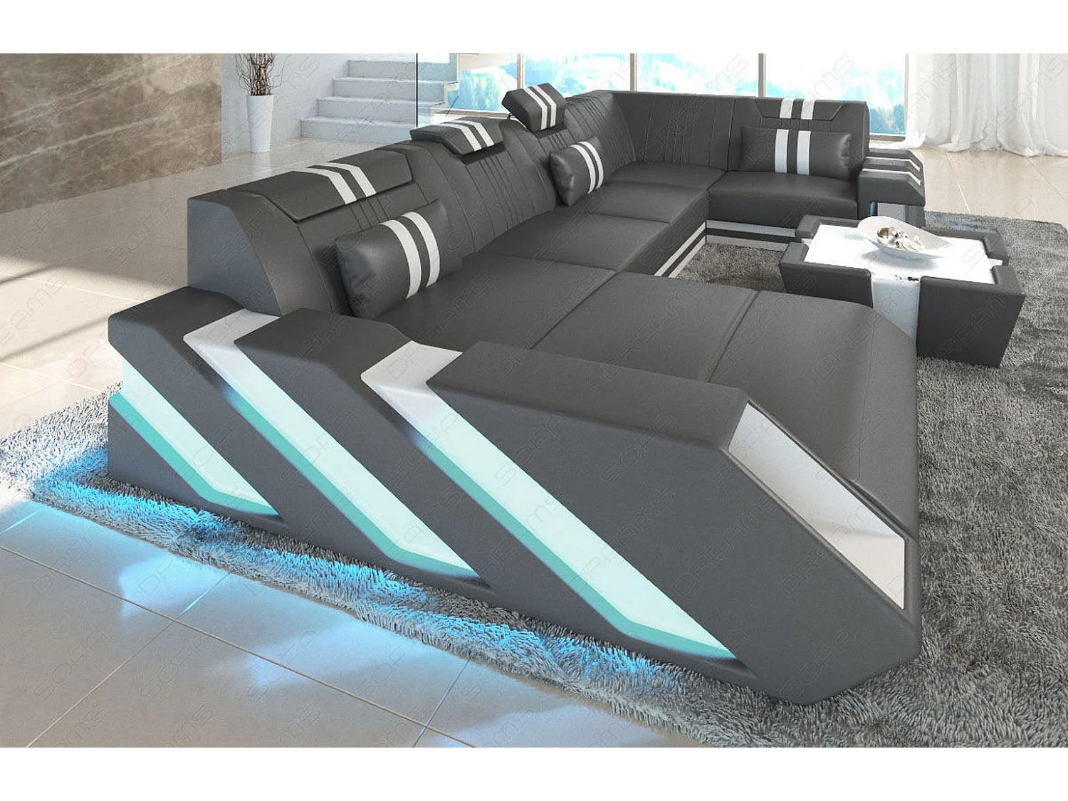 Ledersofa Apollonia U Form EM Grau Weiß Links