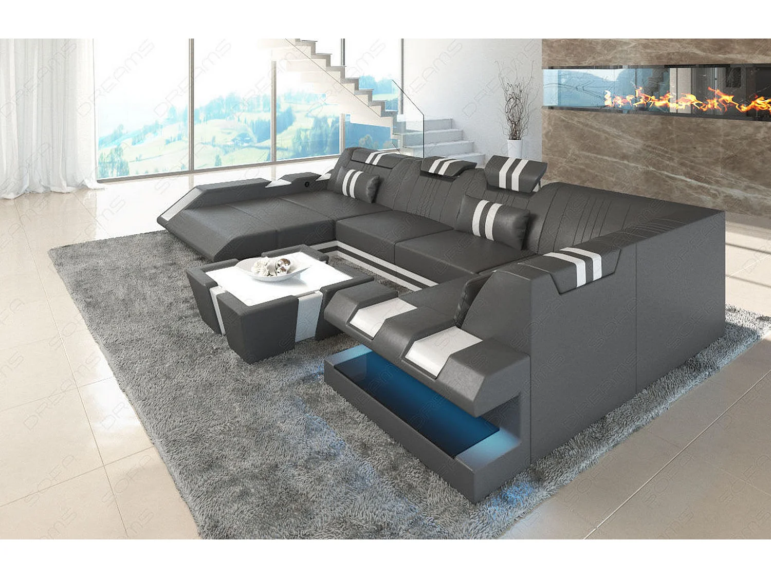 Ledersofa Apollonia U Form EM Grau Weiß Links