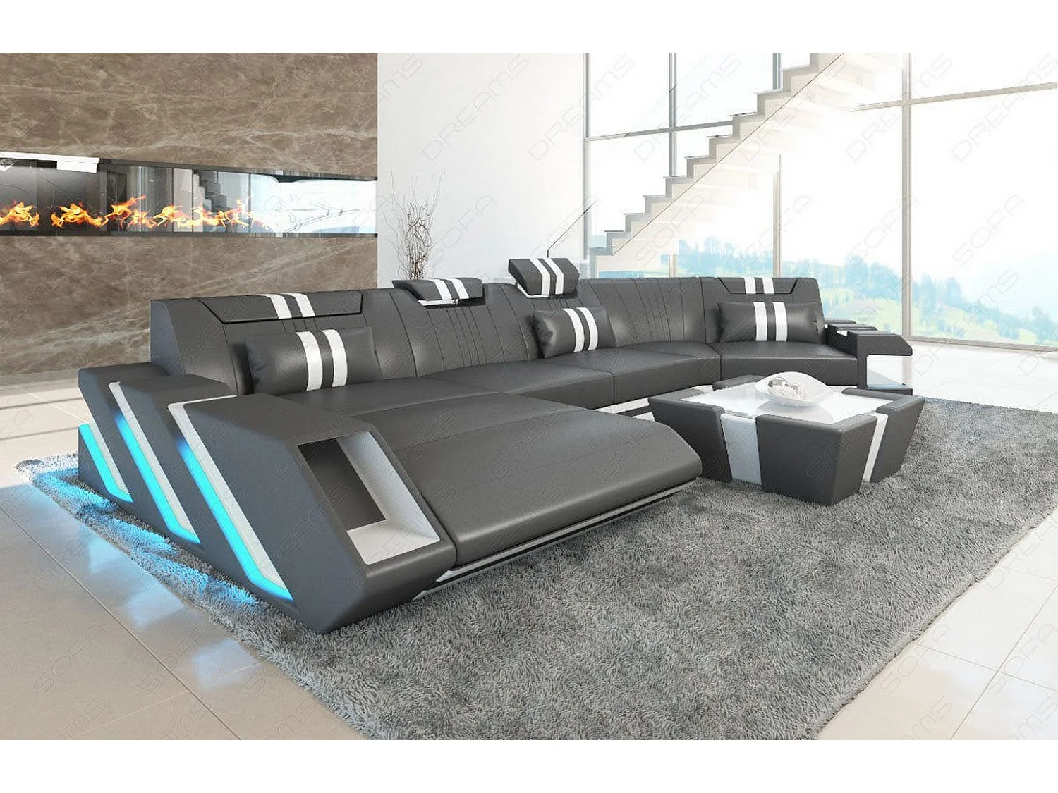 Ledersofa Apollonia C Form Premium Kunstleder Grau Weiß Links