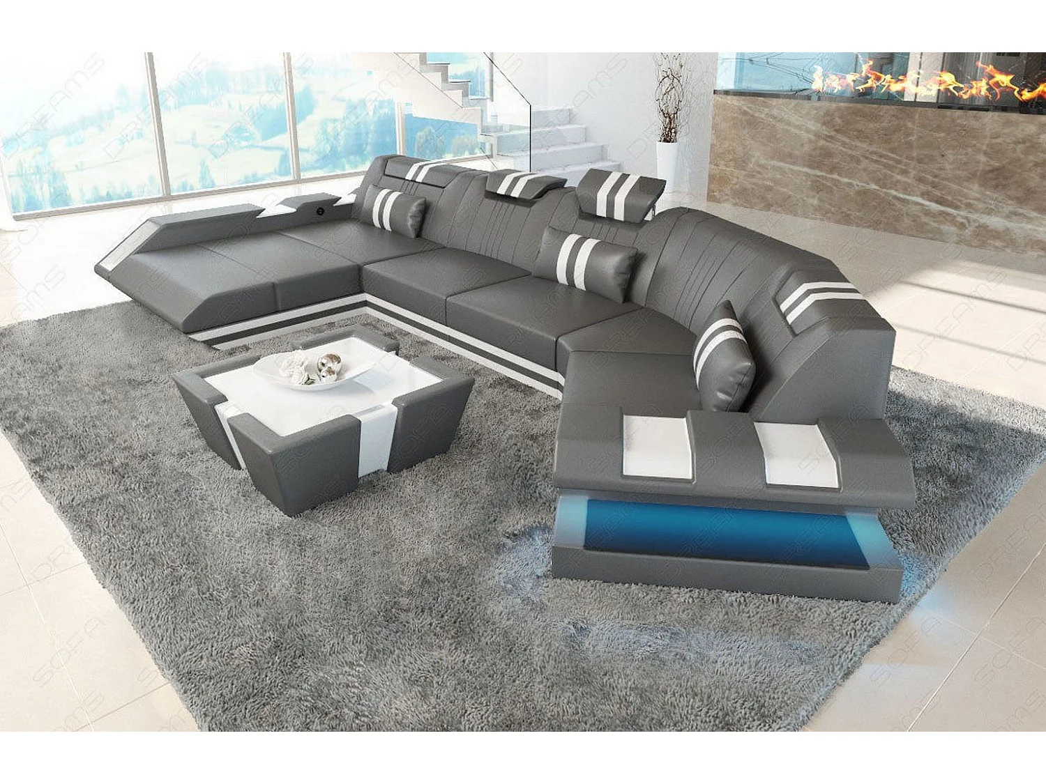 Ledersofa Apollonia C Form Premium Kunstleder Grau Weiß Links