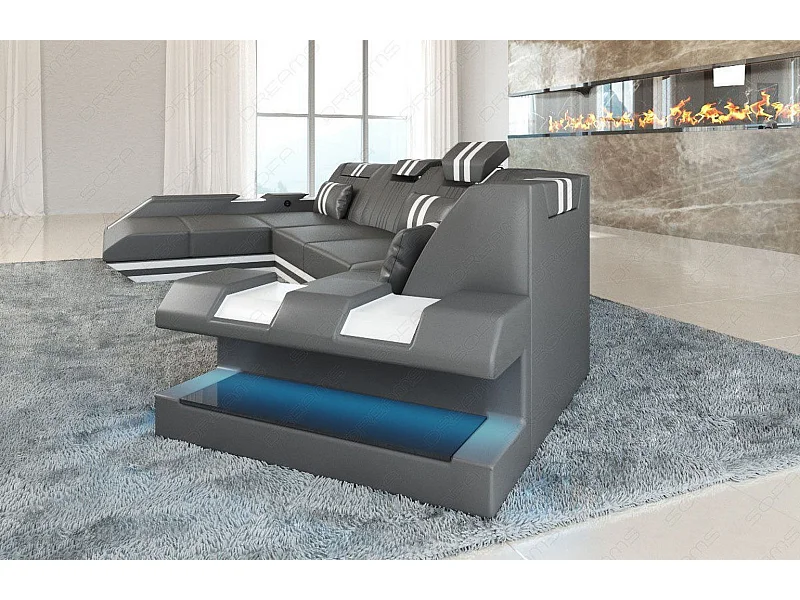 Ledersofa Apollonia C Form Premium Kunstleder Grau Weiß Links