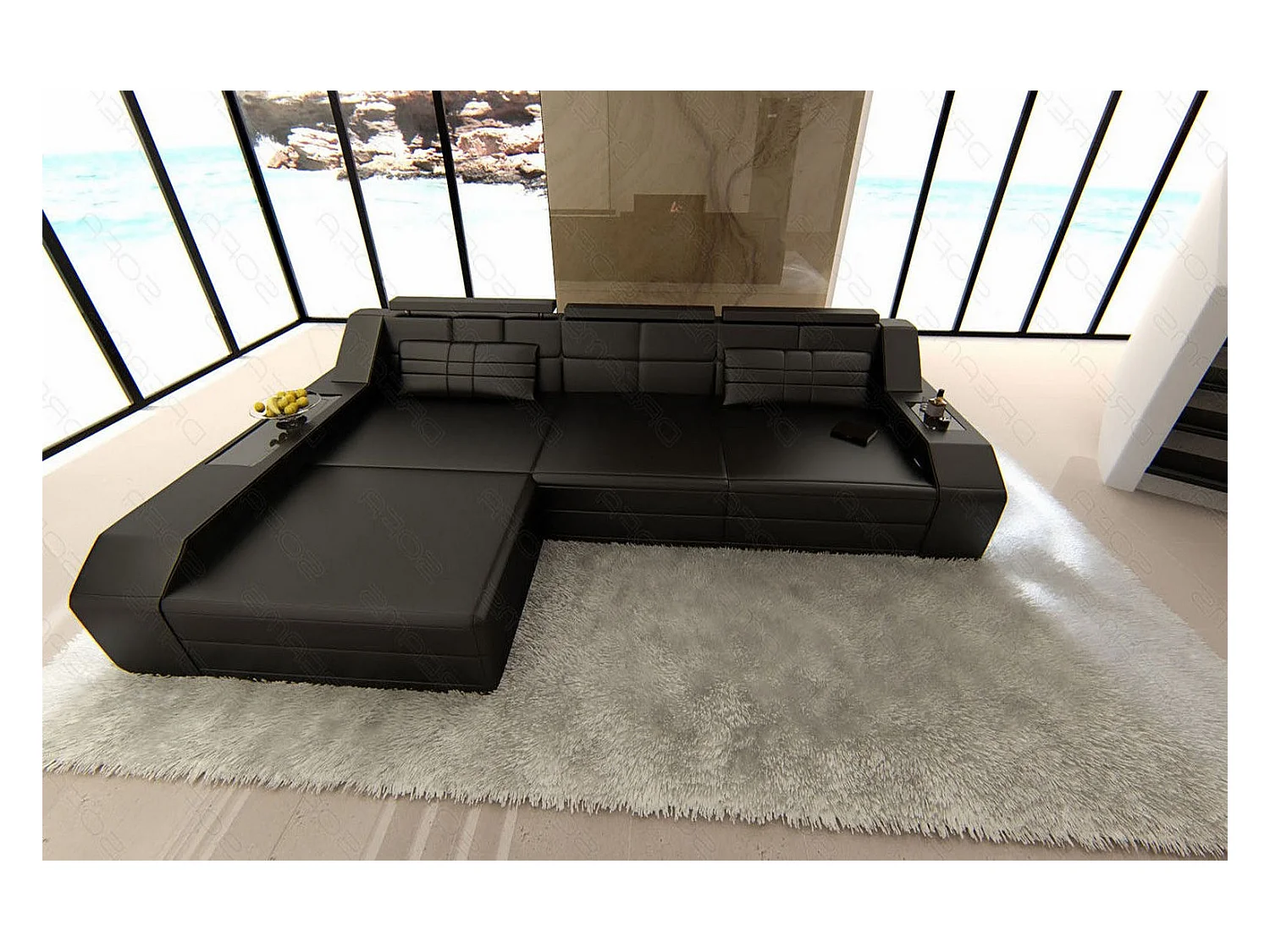 Ecksofa Arezzo Leder Echtleder Schwarz Links