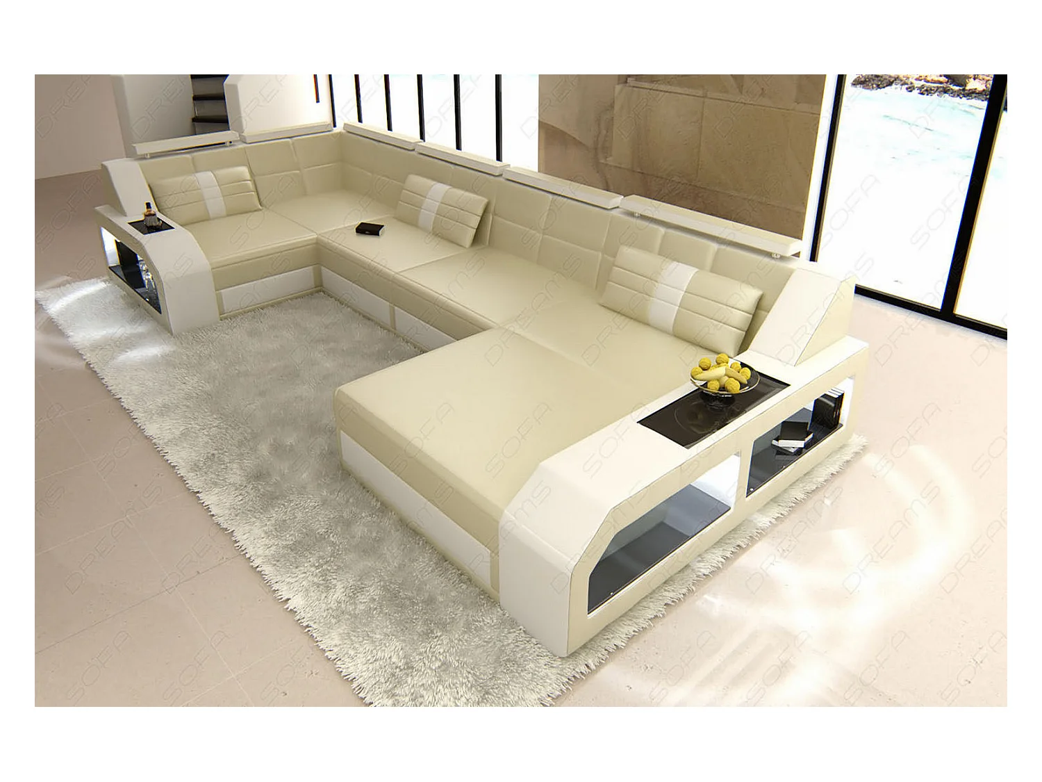 Sofa Arezzo U Leder Kunstleder Beige Weiß Rechts