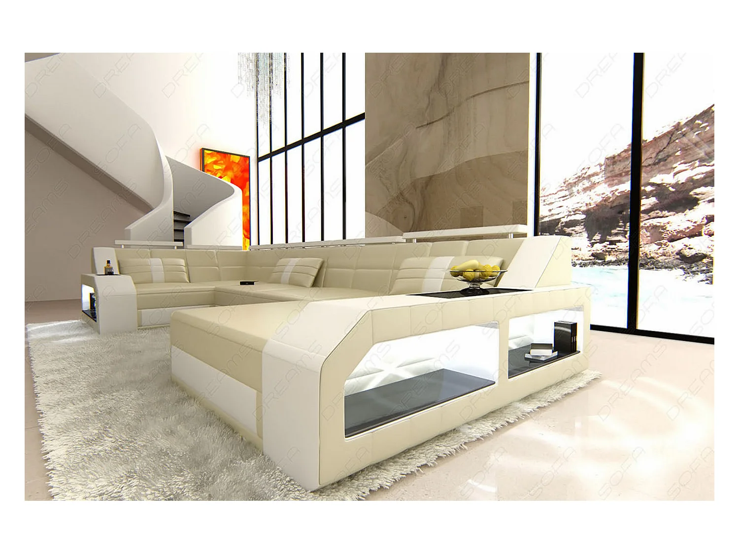 Sofa Arezzo U Leder Kunstleder Beige Weiß Rechts