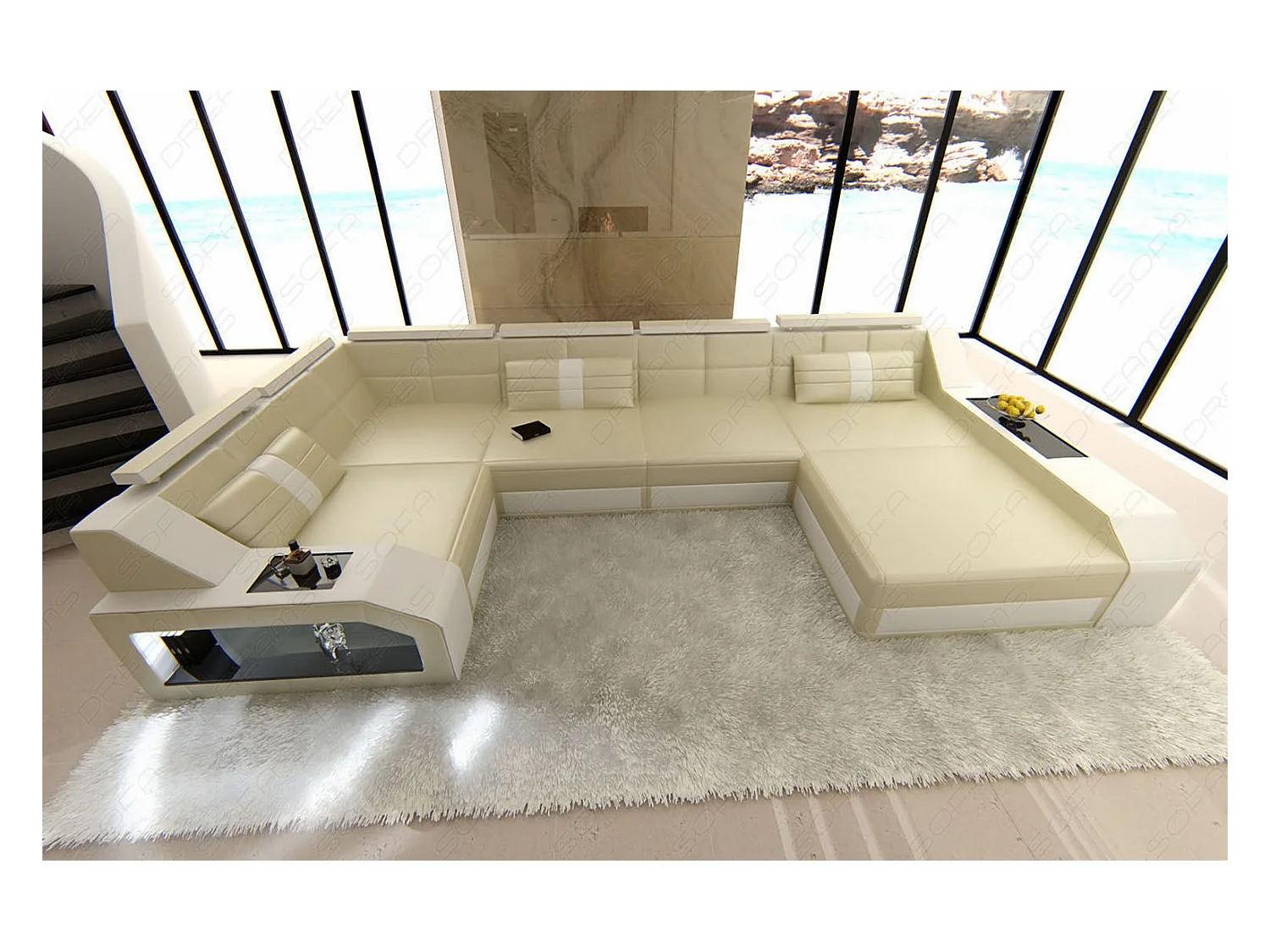 Sofa Arezzo U Leder Kunstleder Beige Weiß Rechts