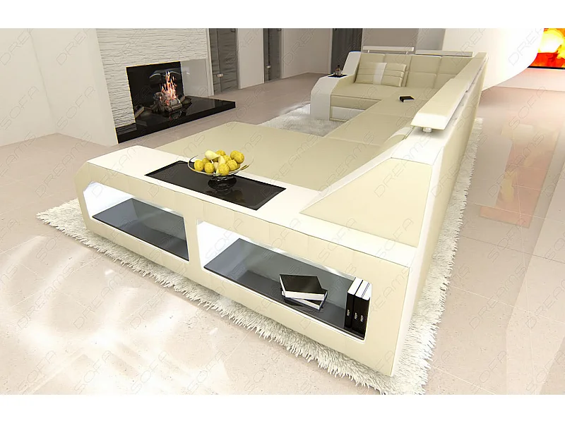 Sofa Arezzo U Leder Kunstleder Beige Weiß Rechts