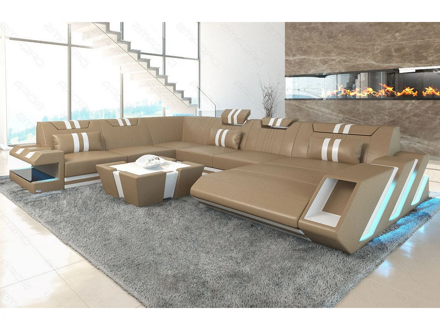 XXL Leder Wohnlandschaft Apollonia KP Sandbeige Weiß Rechts