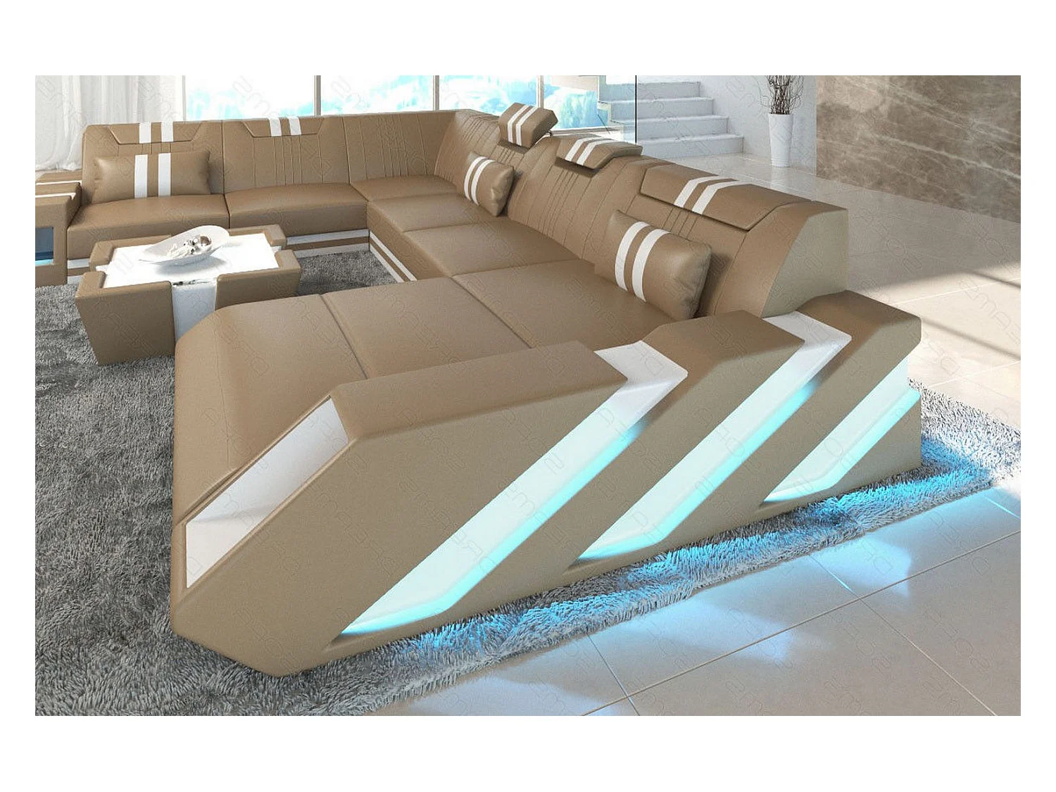 XXL Leder Wohnlandschaft Apollonia KP Sandbeige Weiß Rechts