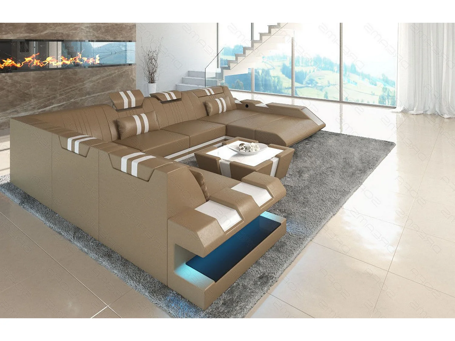 XXL Leder Wohnlandschaft Apollonia KP Sandbeige Weiß Rechts