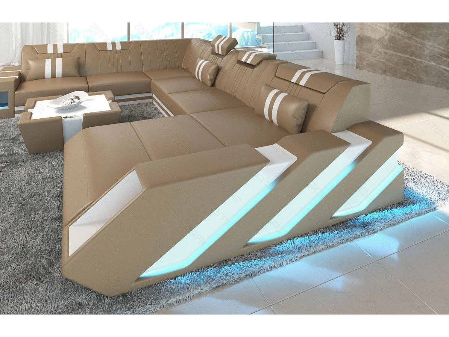 XXL Leder Wohnlandschaft Apollonia KP Sandbeige Weiß Rechts