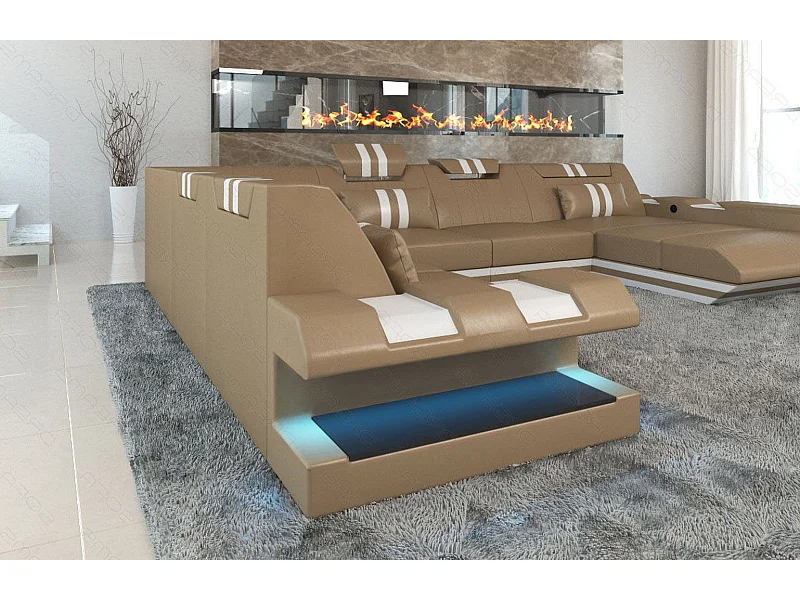 XXL Leder Wohnlandschaft Apollonia KP Sandbeige Weiß Rechts