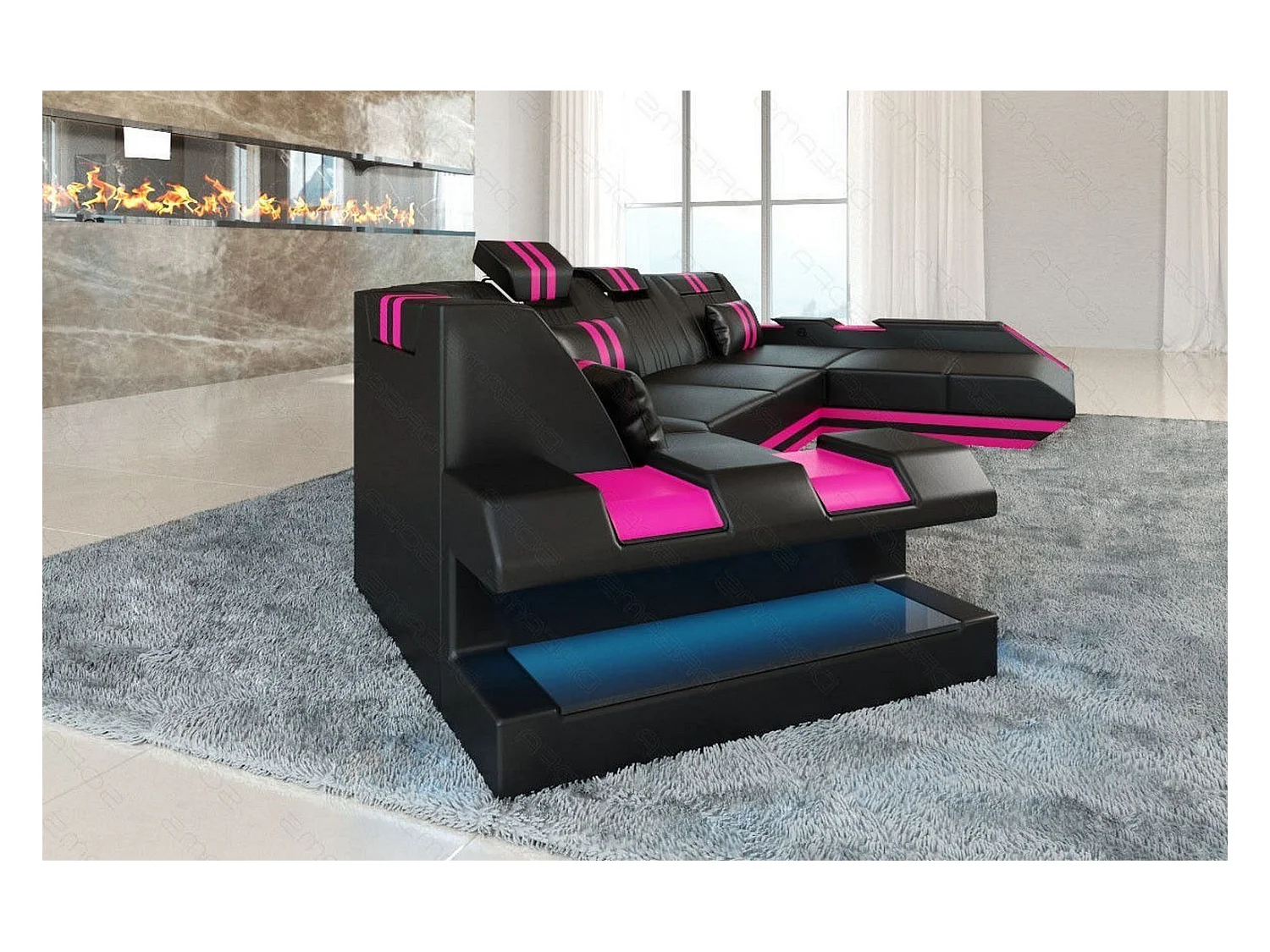 Ledersofa Apollonia C Form Echtleder Schwarz Pink Rechts