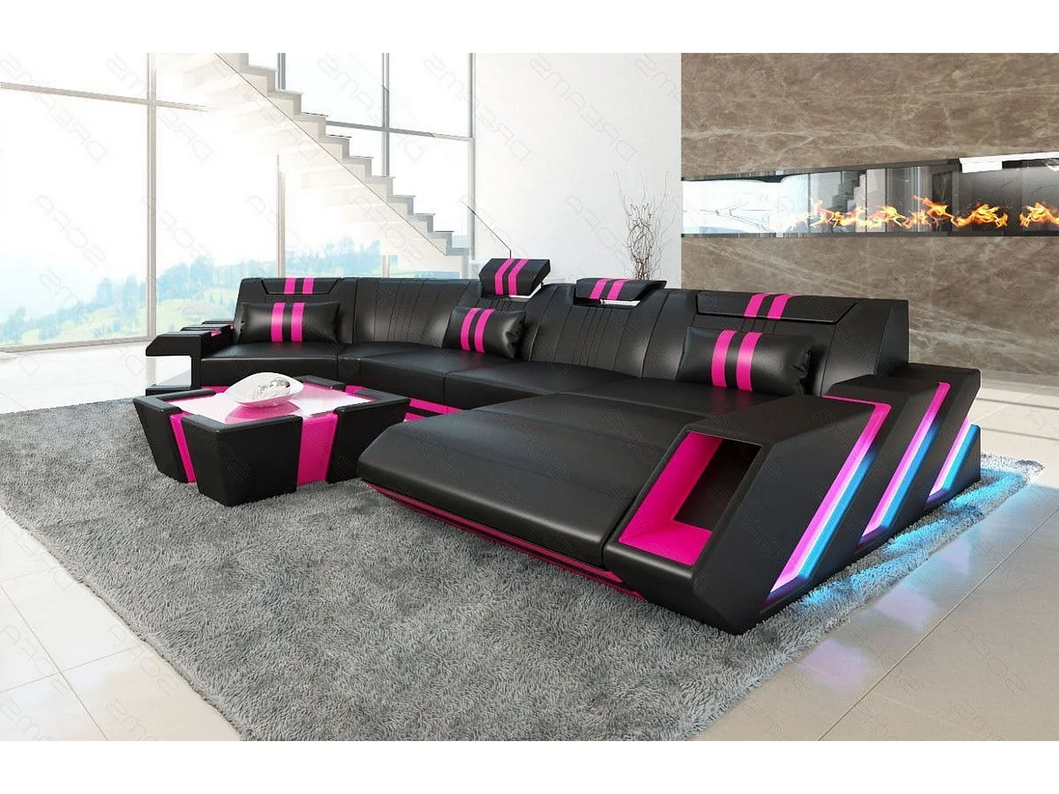 Ledersofa Apollonia C Form Echtleder Schwarz Pink Rechts