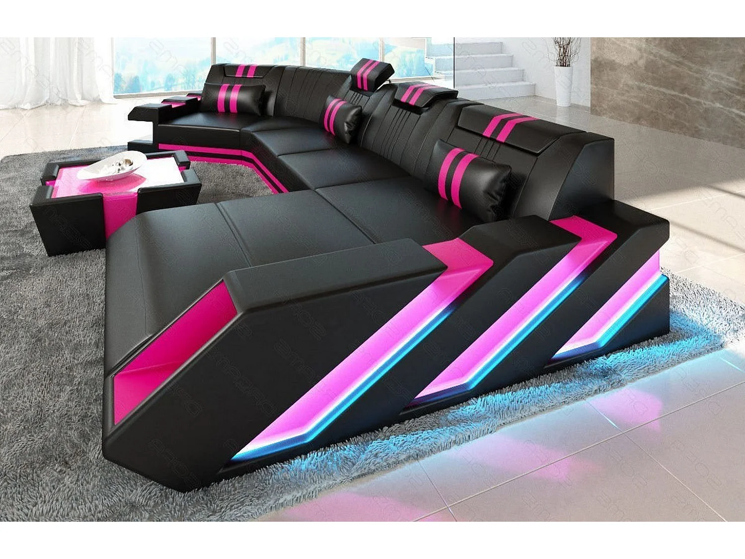 Ledersofa Apollonia C Form Echtleder Schwarz Pink Rechts