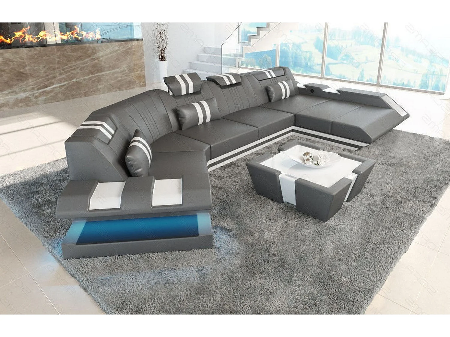 Ledersofa Apollonia C Form Premium Kunstleder Grau Weiß Rechts