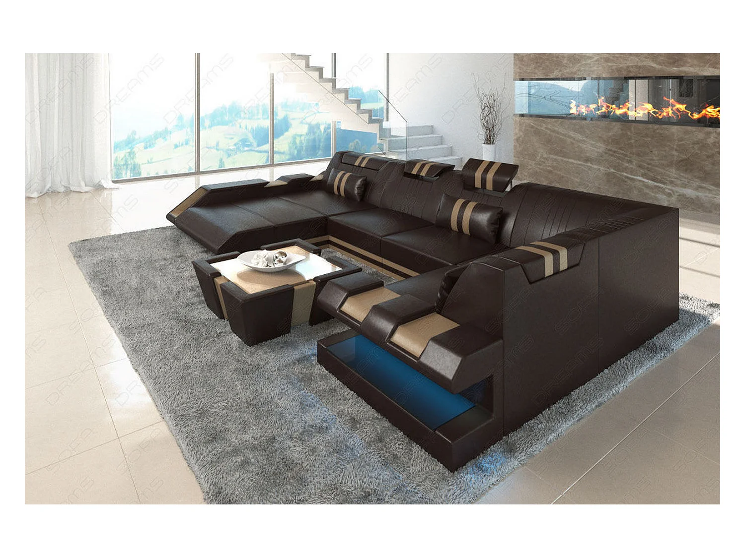 Ledersofa Apollonia U Form BL Dunkelbraun Sandbeige Links