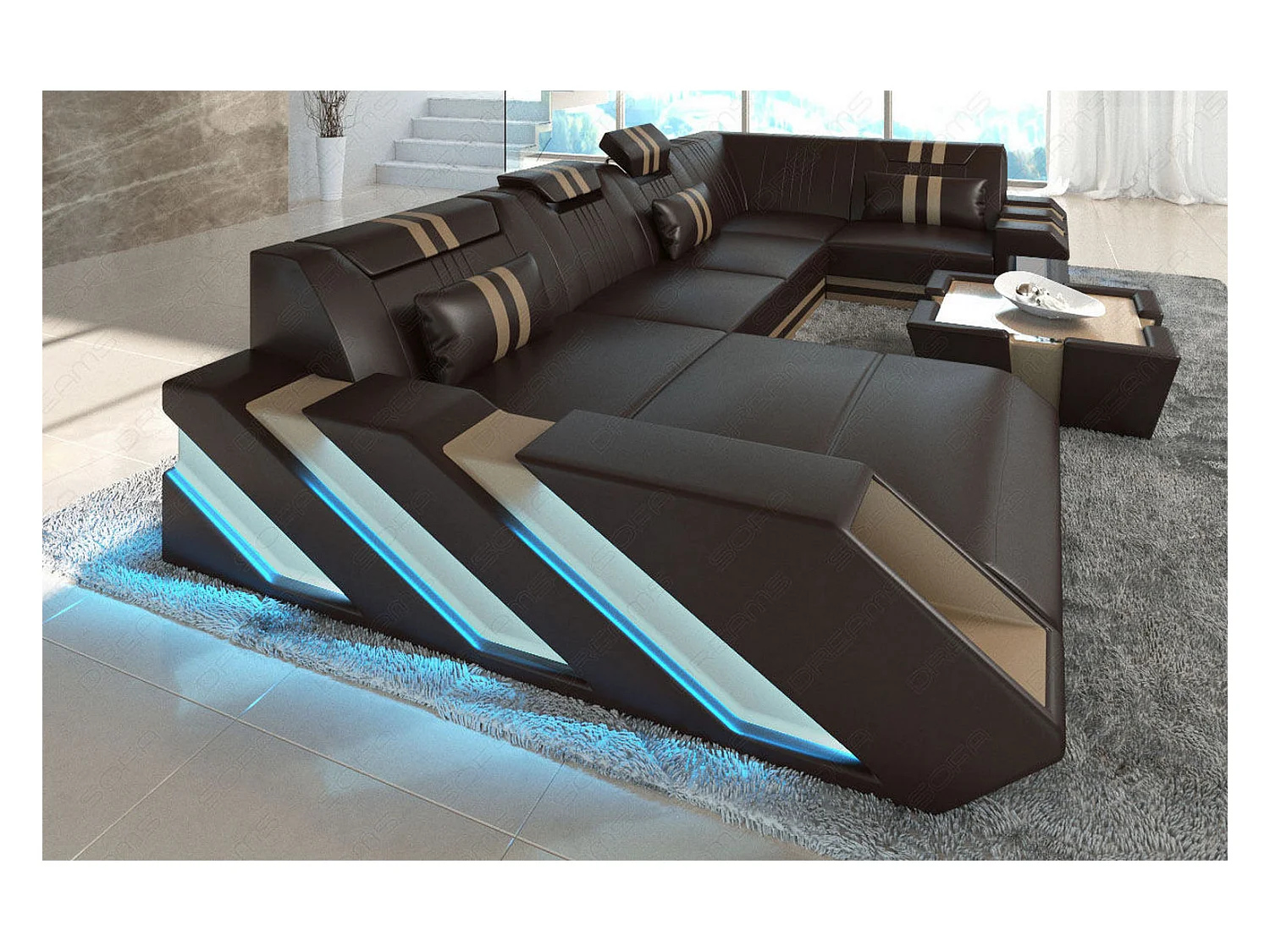 Ledersofa Apollonia U Form BL Dunkelbraun Sandbeige Links