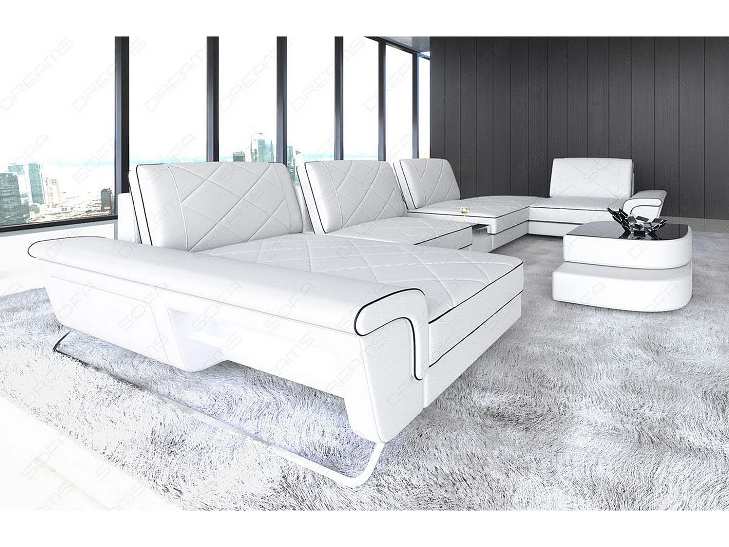 Sofa Bari U Leder Kunstleder Weiß Schwarz Links