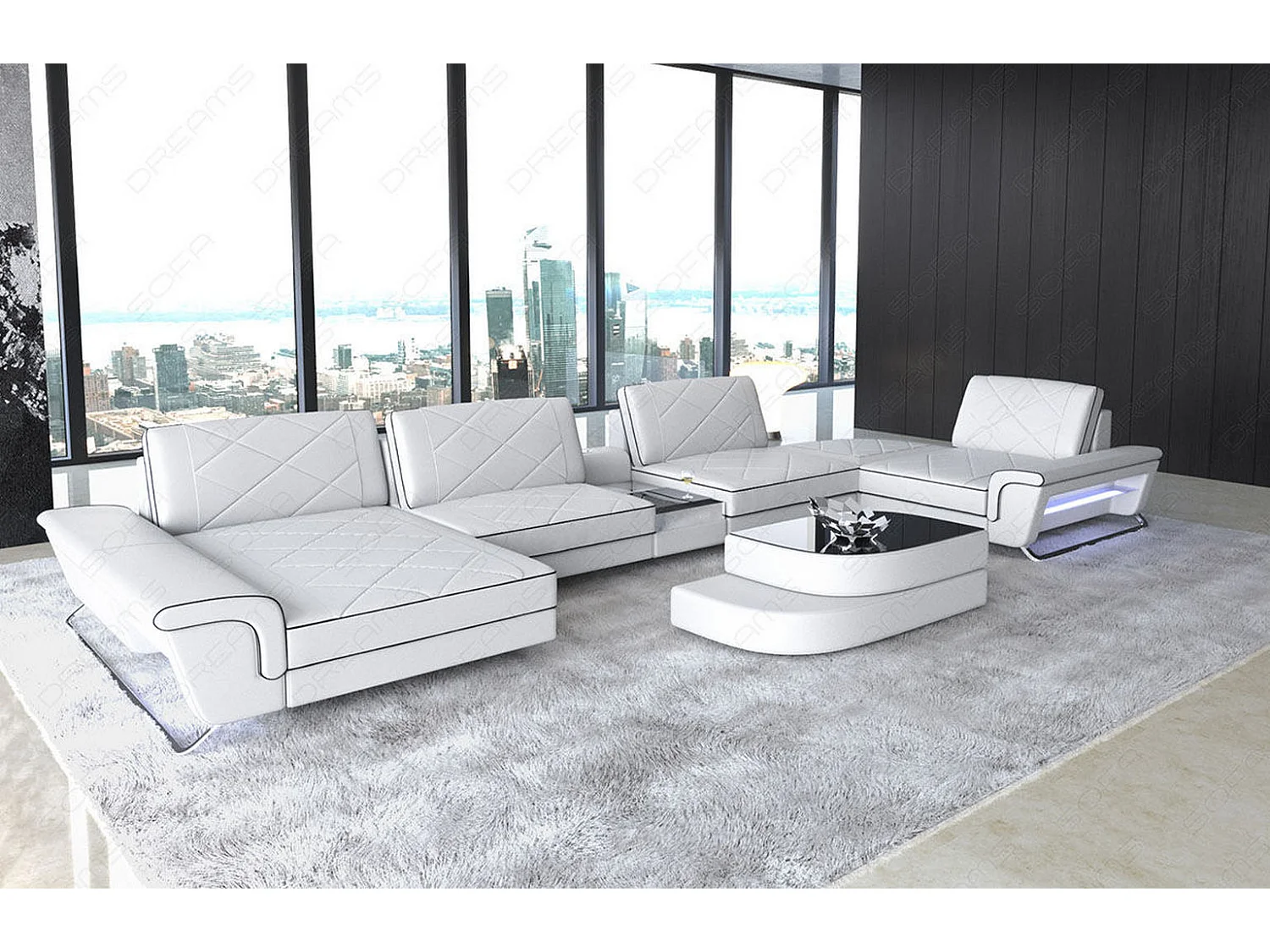 Sofa Bari U Leder Kunstleder Weiß Schwarz Links