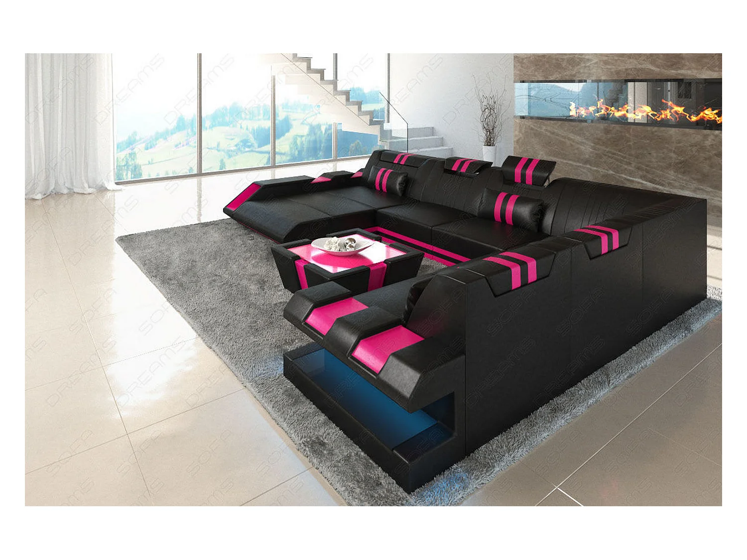 XXL Leder Wohnlandschaft Apollonia EM Schwarz Pink Links