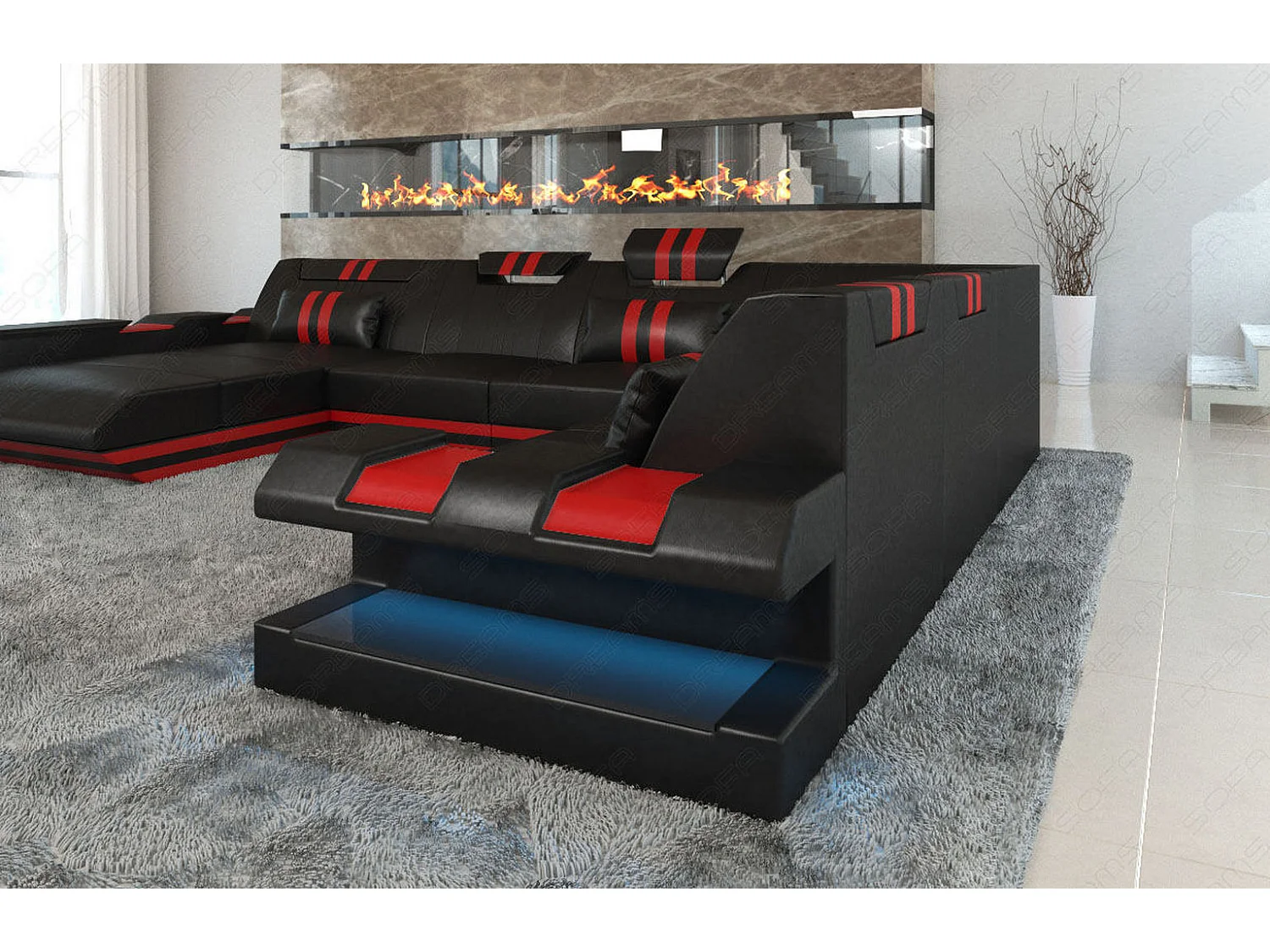 XXL Leder Wohnlandschaft Apollonia KP Schwarz Rot Links