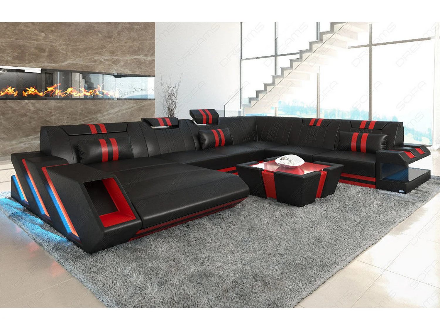 XXL Leder Wohnlandschaft Apollonia KP Schwarz Rot Links