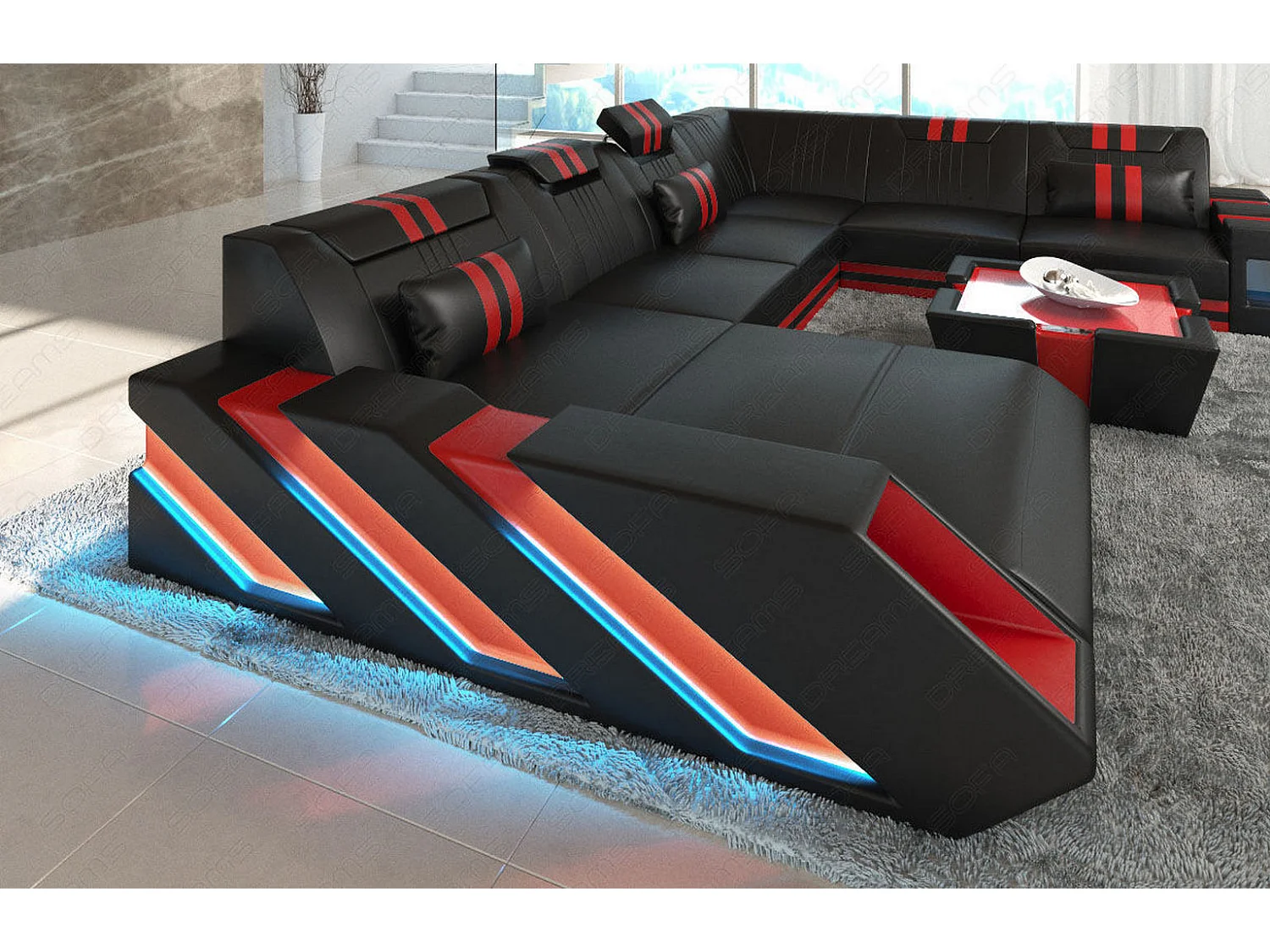 XXL Leder Wohnlandschaft Apollonia KP Schwarz Rot Links