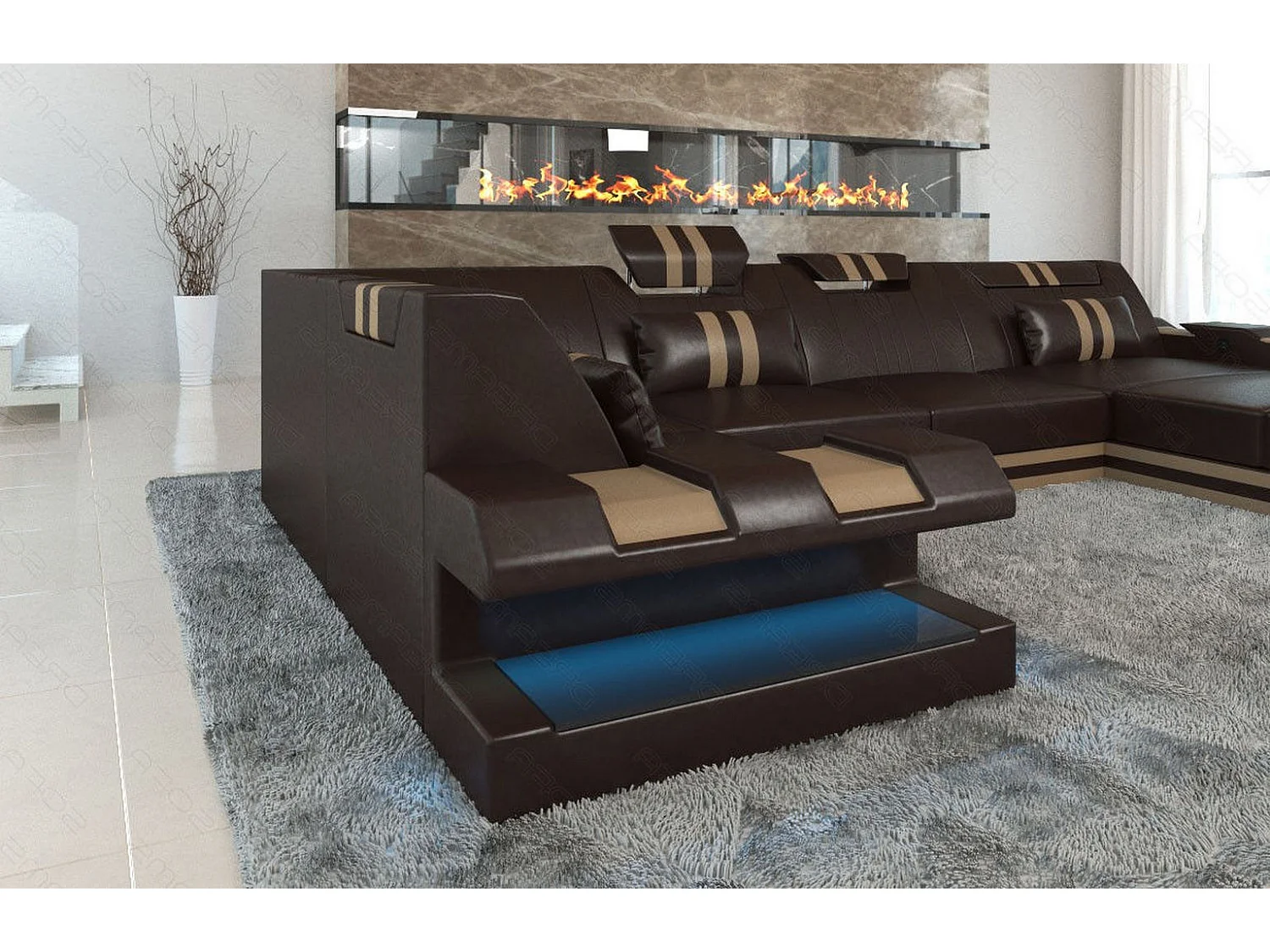 Ledersofa Apollonia U Form BL Dunkelbraun Sandbeige Rechts