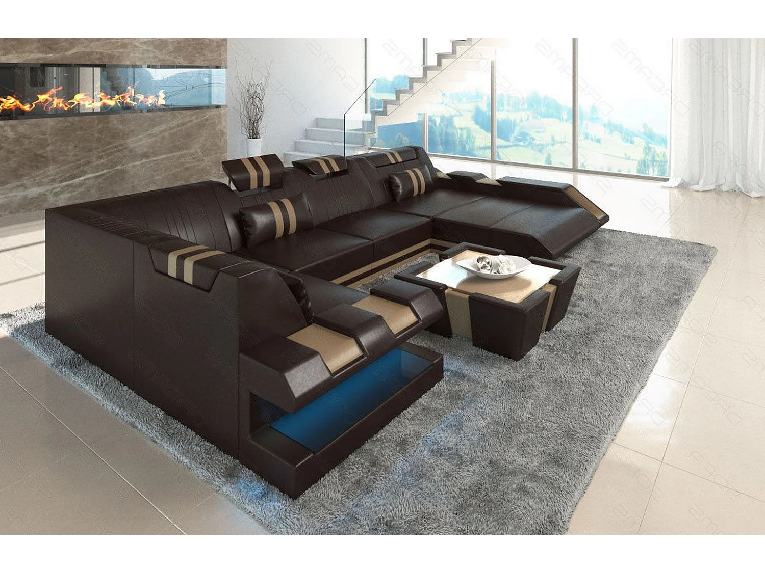 Ledersofa Apollonia U Form BL Dunkelbraun Sandbeige Rechts