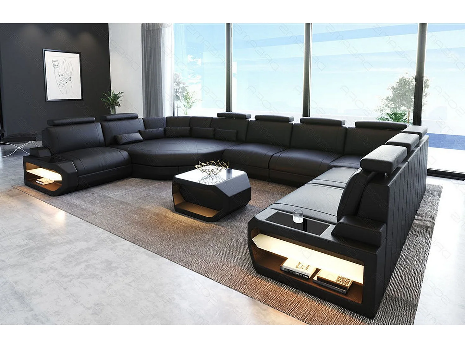 Sofa Asti U Leder Echtleder Schwarz Rechts