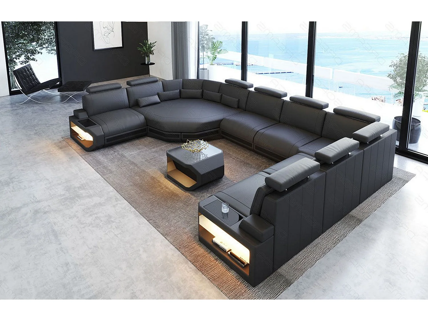 Sofa Asti U Leder Ledermix Grau Schwarz Rechts