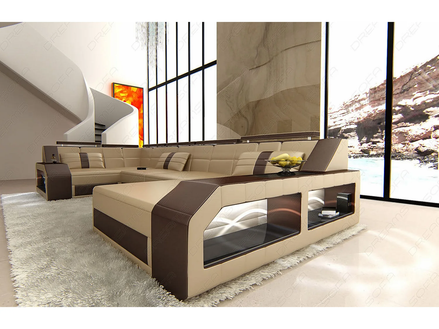 Sofa Arezzo U Leder Ledermix Sandbeige Braun Rechts