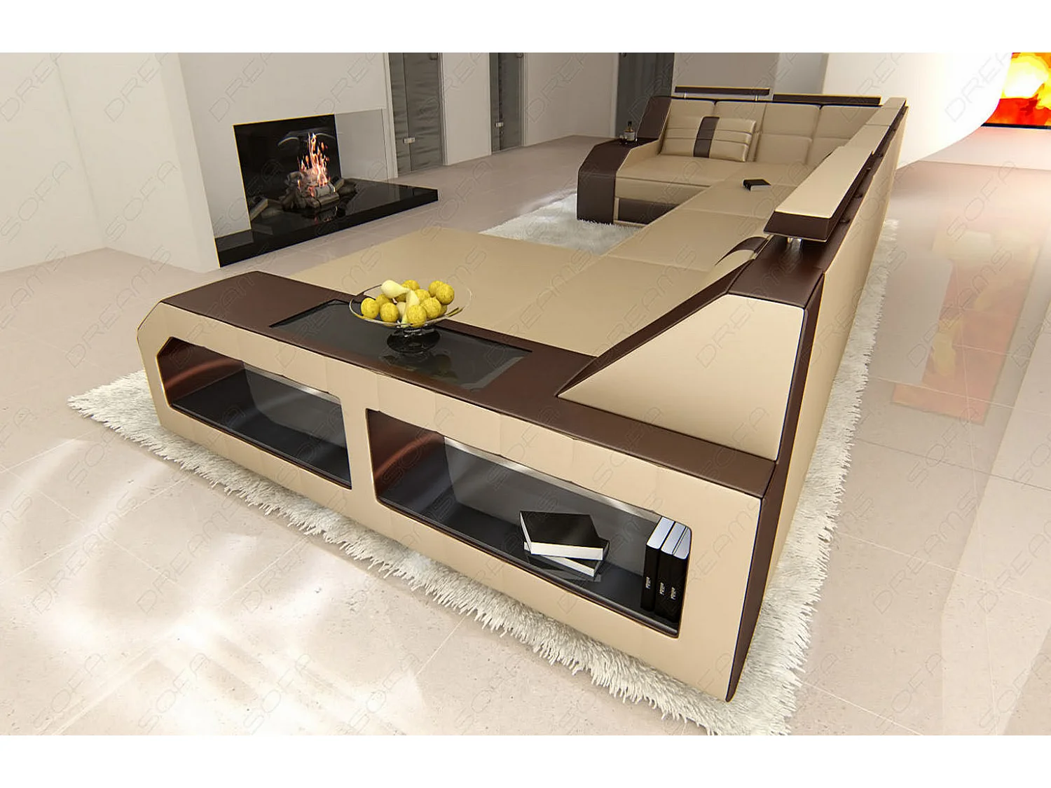 Sofa Arezzo U Leder Ledermix Sandbeige Braun Rechts