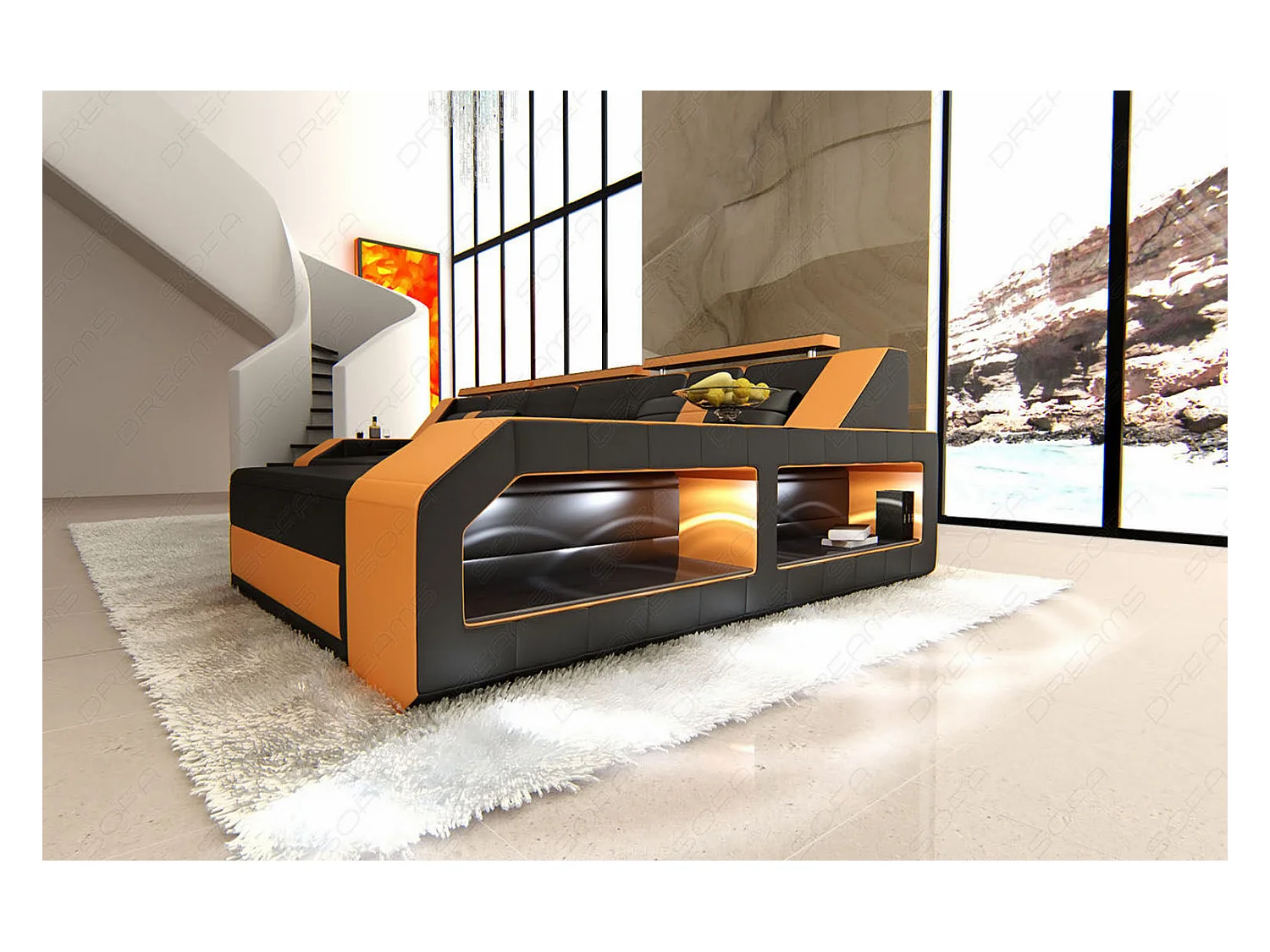 Ecksofa Arezzo Leder Ledermix Schwarz Orange Rechts