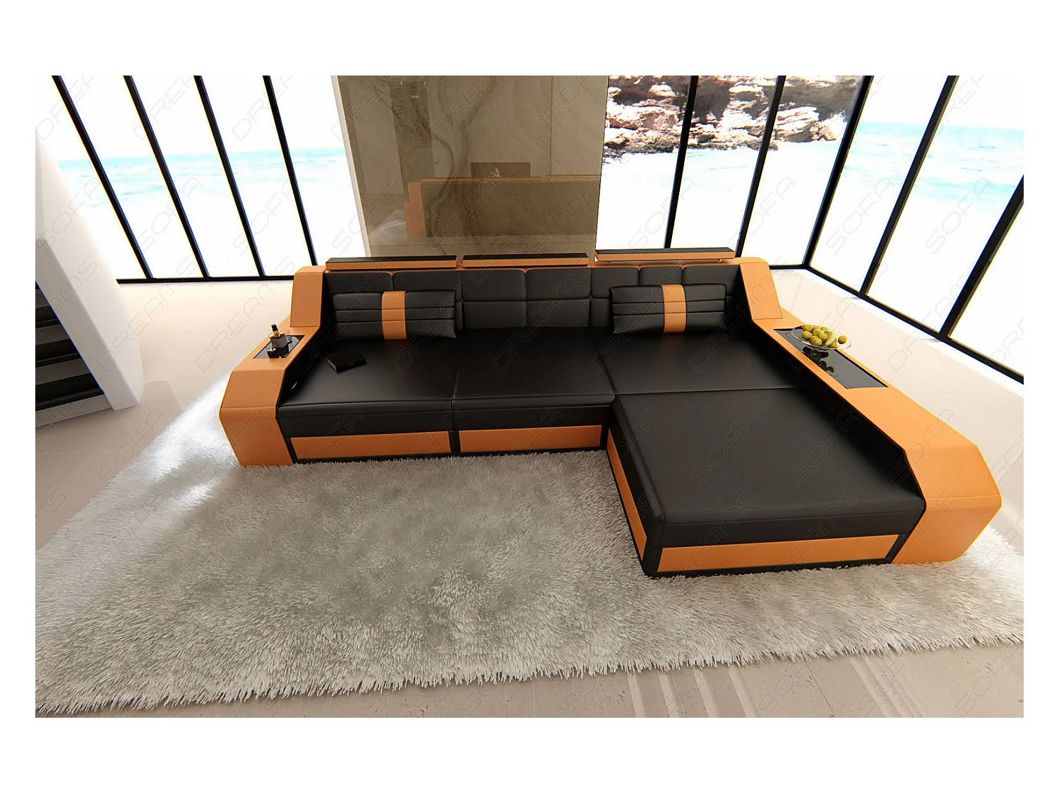 Ecksofa Arezzo Leder Ledermix Schwarz Orange Rechts