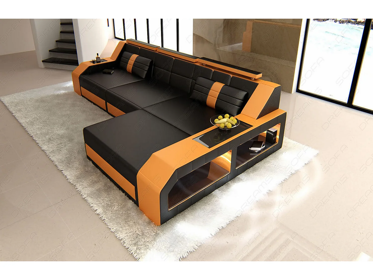 Ecksofa Arezzo Leder Ledermix Schwarz Orange Rechts