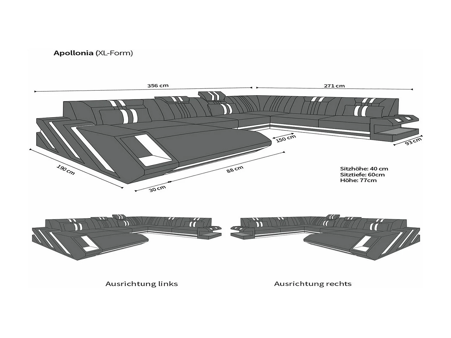 XXL Leder Wohnlandschaft Apollonia KP Schwarz Grau Rechts
