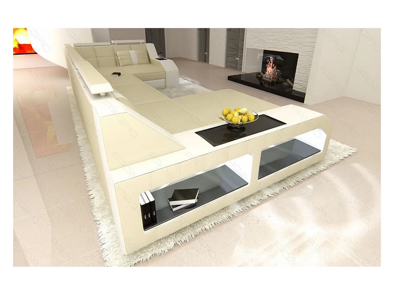 Sofa Arezzo U Leder Kunstleder Beige Weiß Links