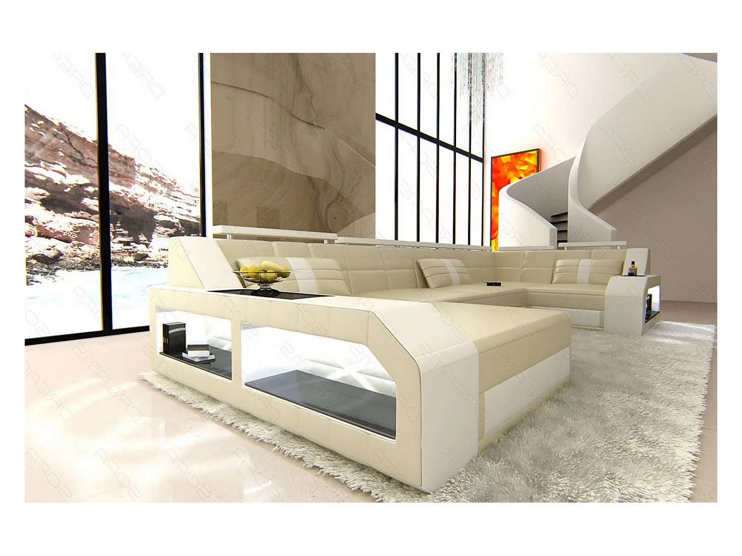 Sofa Arezzo U Leder Kunstleder Beige Weiß Links