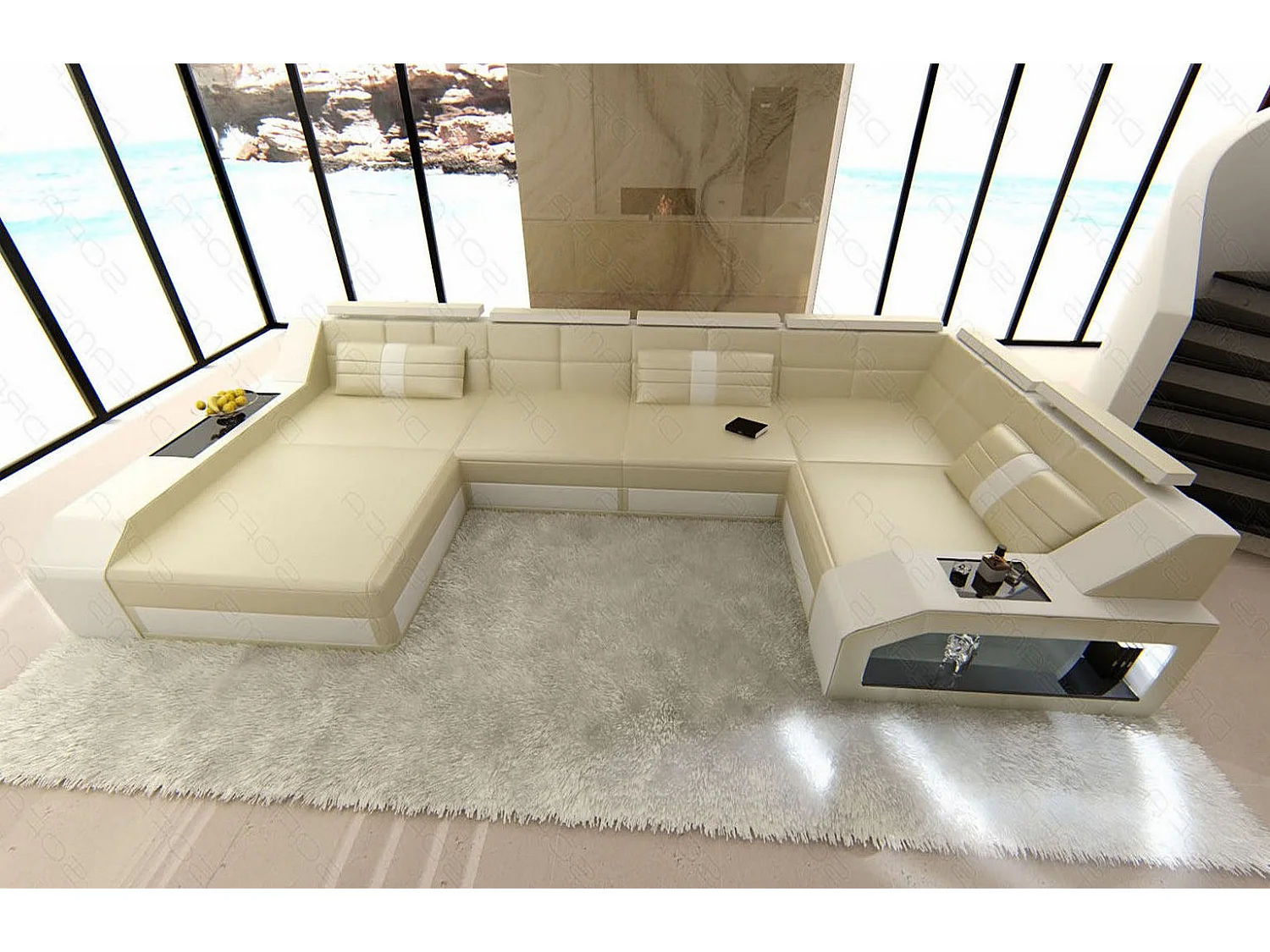 Sofa Arezzo U Leder Kunstleder Beige Weiß Links