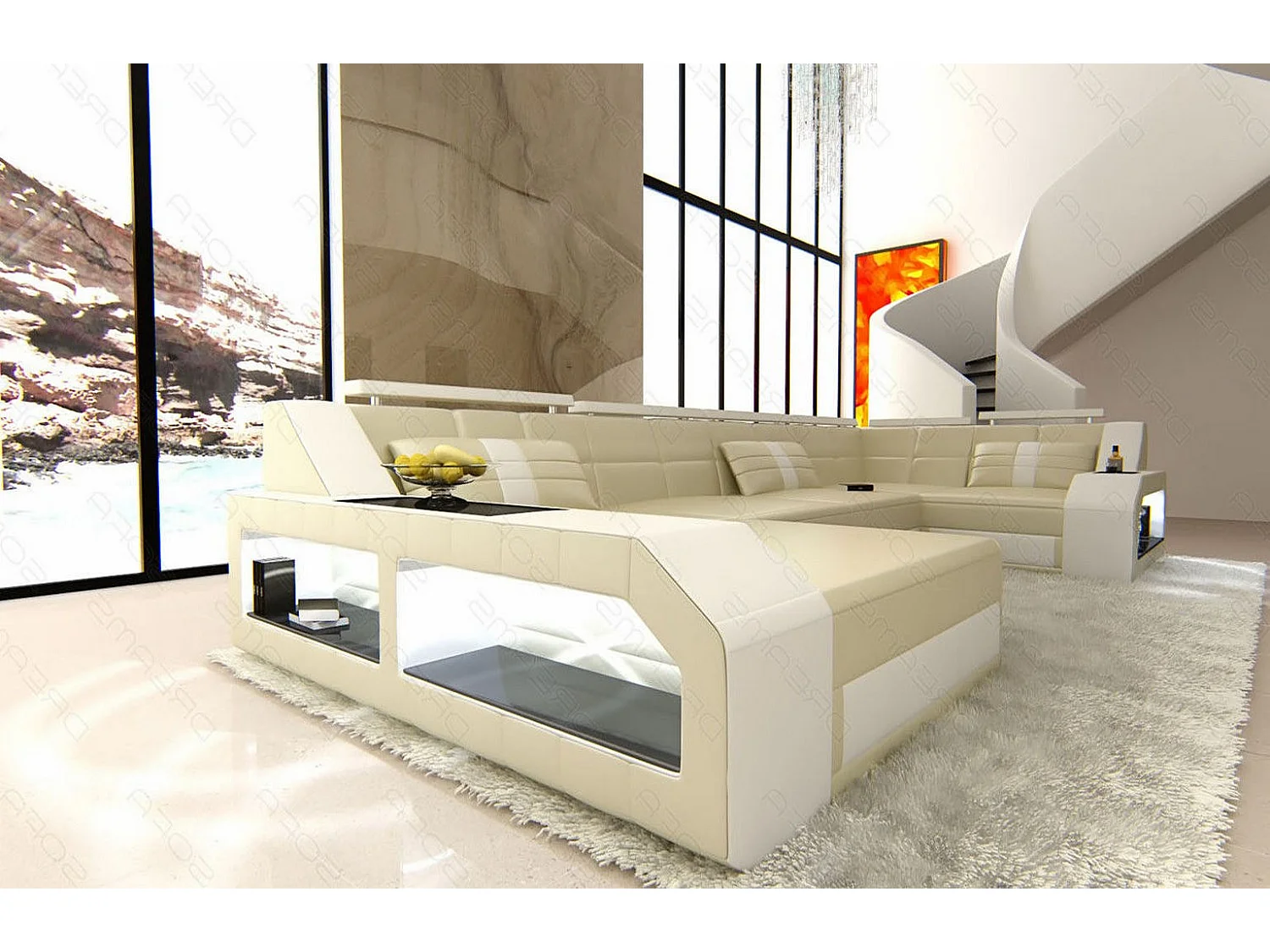 Sofa Arezzo U Leder Kunstleder Beige Weiß Links