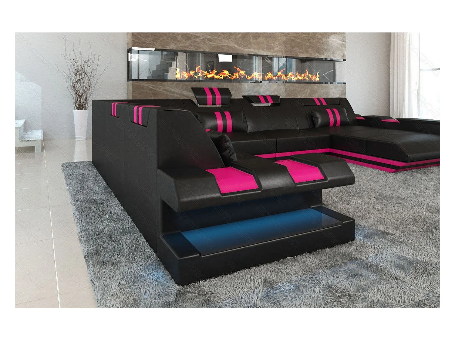 XXL Leder Wohnlandschaft Apollonia EL Schwarz Pink Rechts