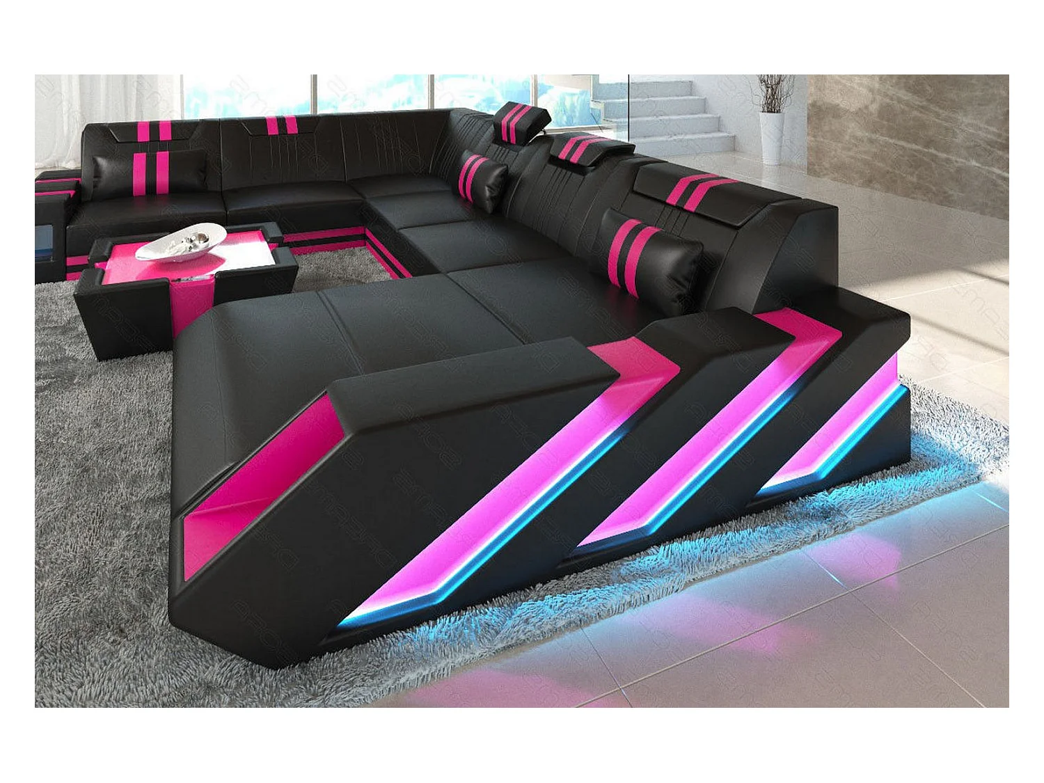 XXL Leder Wohnlandschaft Apollonia EL Schwarz Pink Rechts