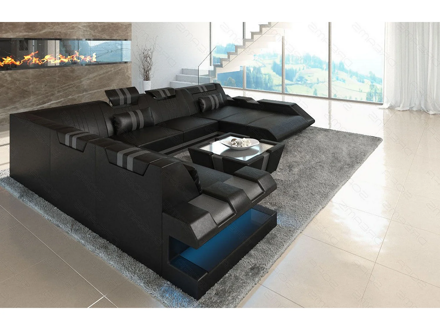 XXL Leder Wohnlandschaft Apollonia EM Schwarz Grau Rechts